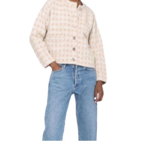 Sandro Maria Houndstooth Cardigan Gold Metallic Beige - Picture 1 of 9